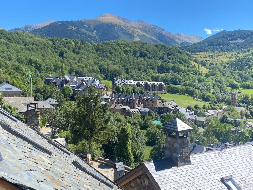 Un poble situat en una vall, envoltat d'arbres verds i muntanyes sota un cel blau clar.