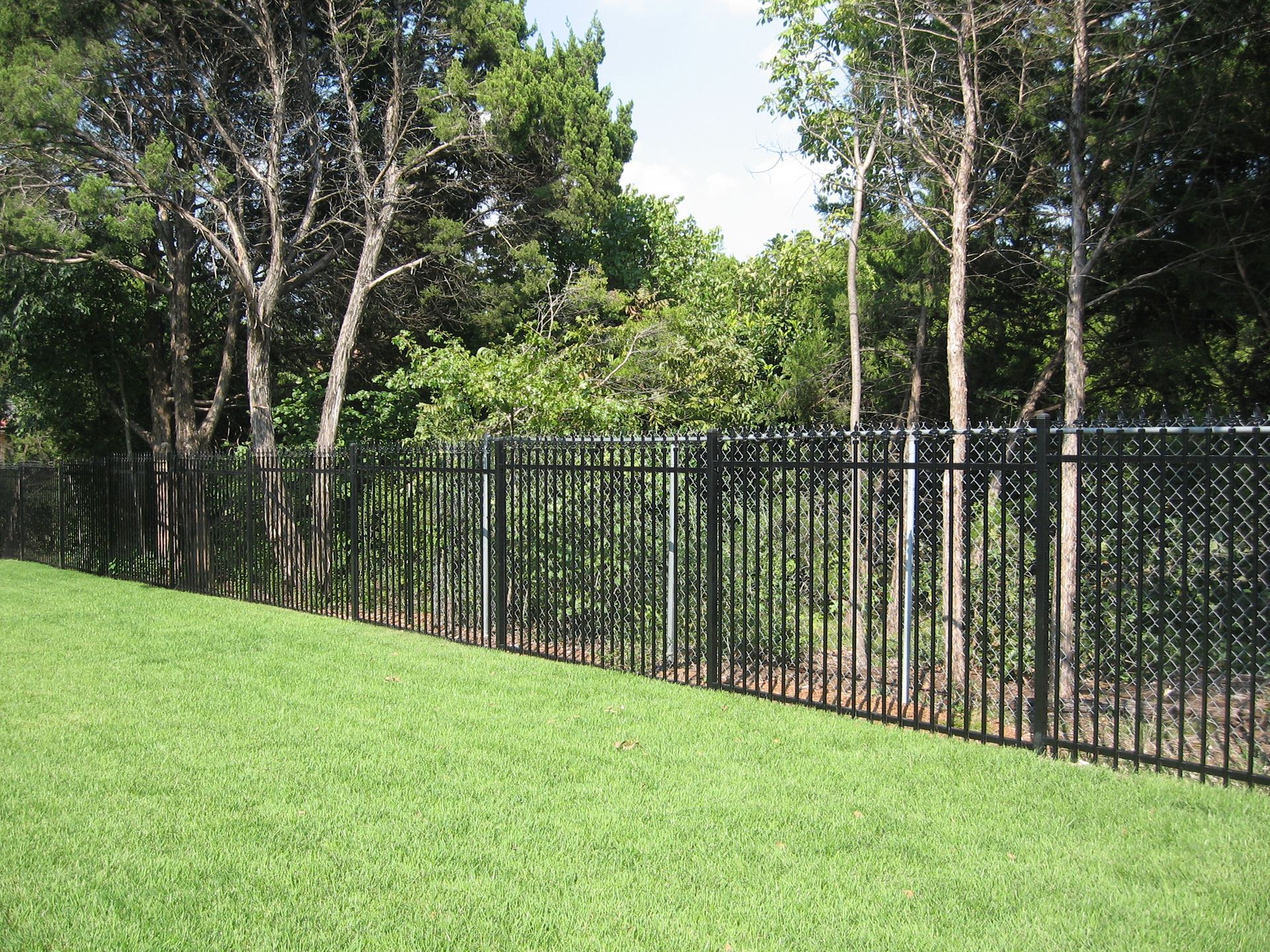 A white picket fence with pointed top posts and a tree in the background.