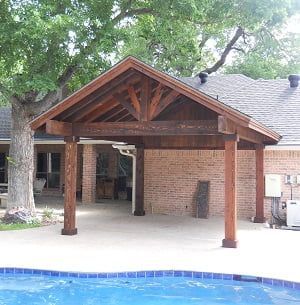 A wooden pavilion is sitting next to a swimming pool.