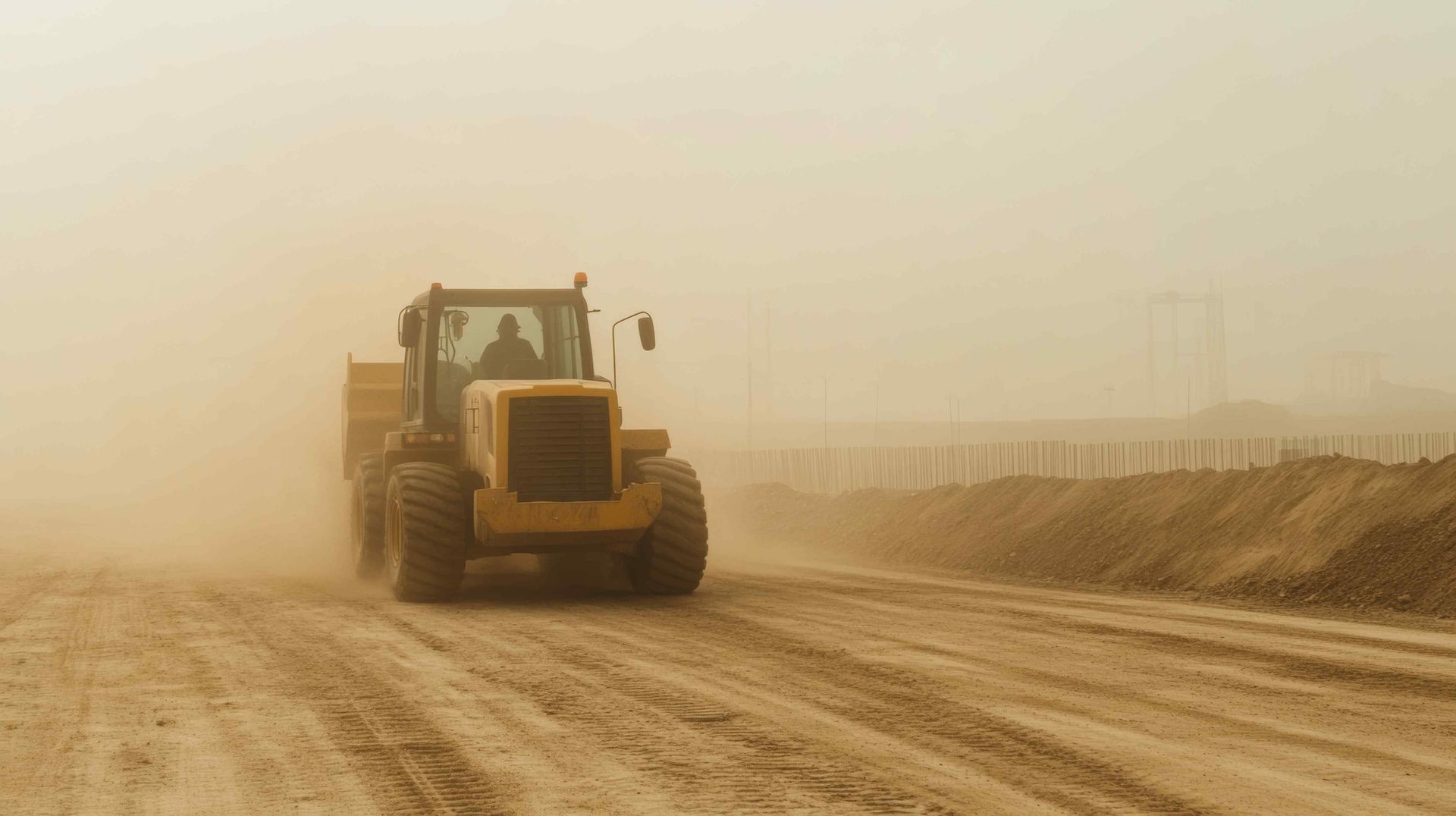 DirtGlue® polymer is a popular, proven soil binder. This is a photo of a tractor on a dusty construction site that could use DirtGlue