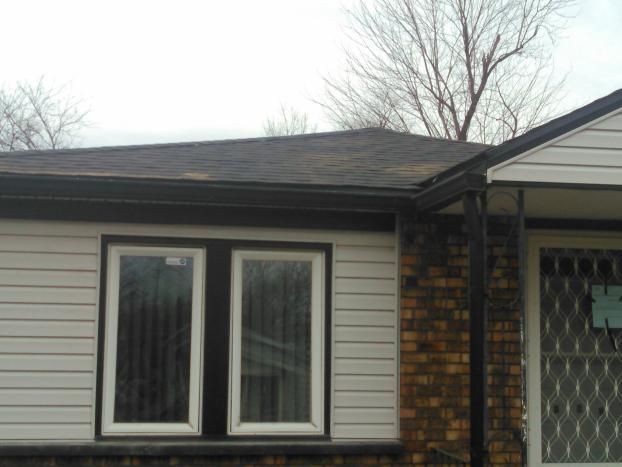 A house with two windows and a black roof
