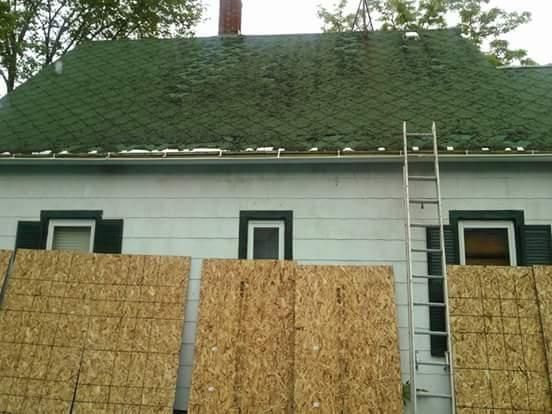 A house with a green roof and a ladder on the side