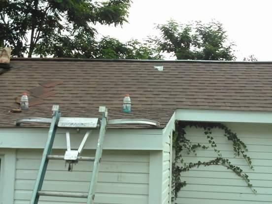 A ladder is leaning against the roof of a garage