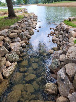 A stream running through a park surrounded by rocks.