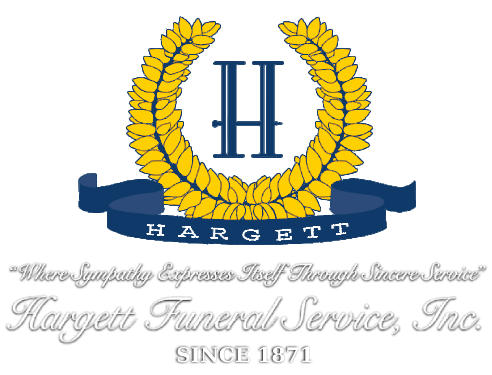 Logo for Hargett Funeral Service, Inc. features a gold wreath around the letter "H" and a blue banner with "Hargett" in white.