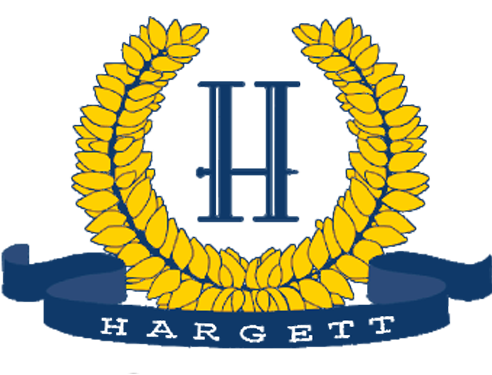 Gold laurel wreath surrounds blue "H" above blue banner reading "HARGETT".