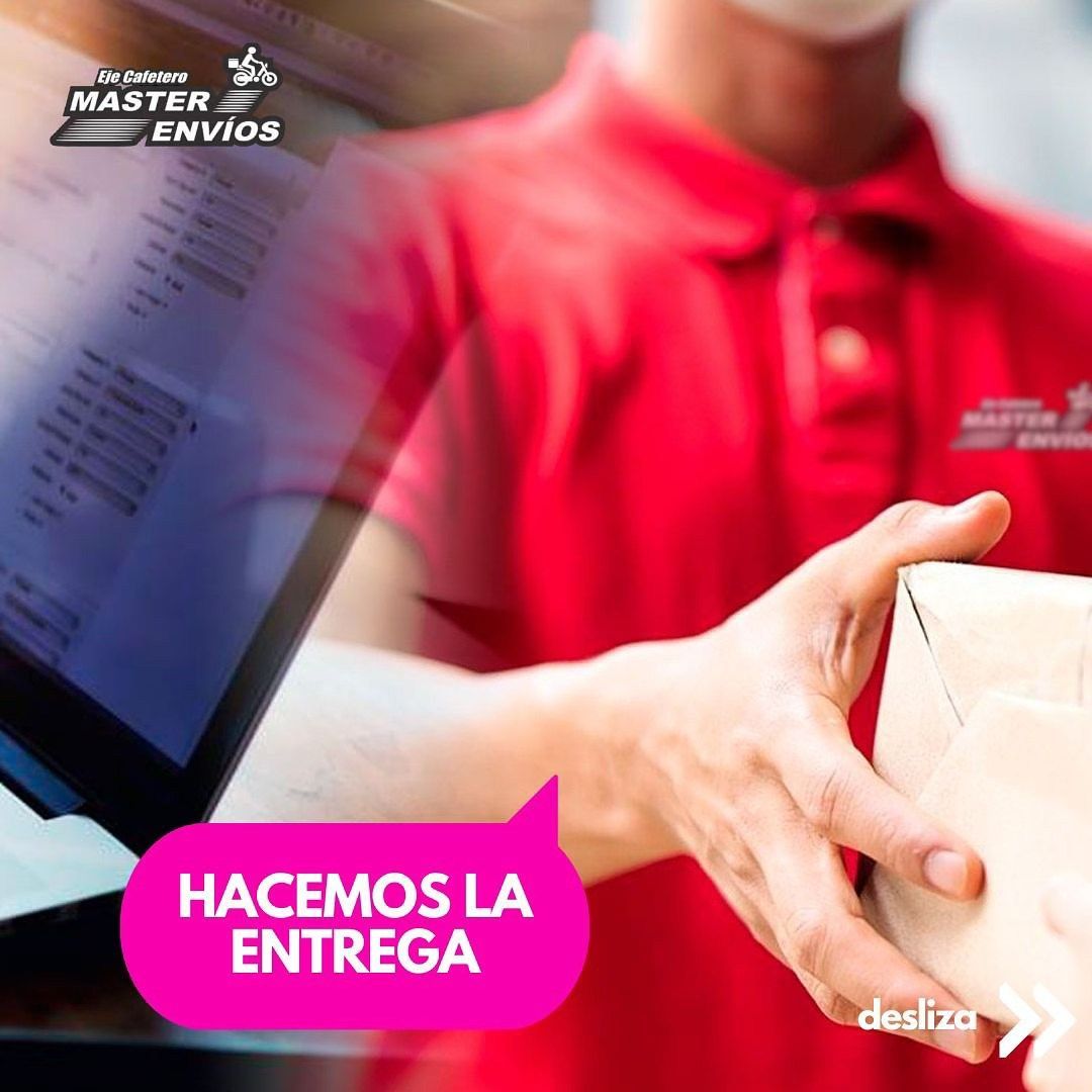 Repartidor con camisa roja entregando paquete, con burbuja