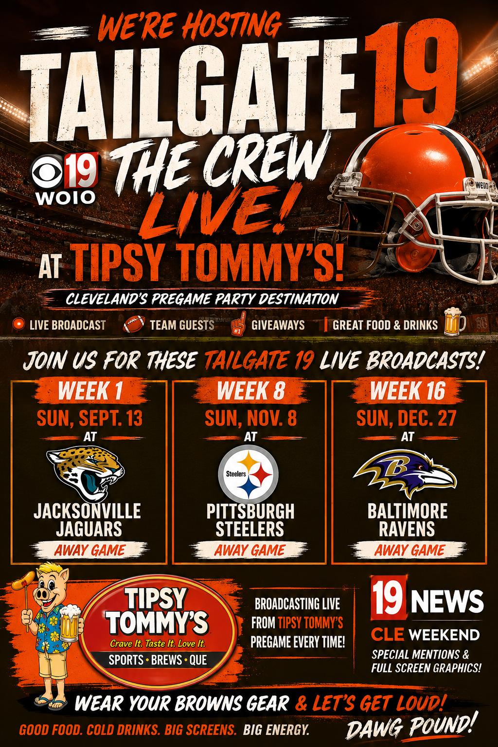 Tailgate 19 crew live at Tipsy Tommy's with Chiefs tailgate hosts, game schedule, and burgers, wings, and drinks flyout