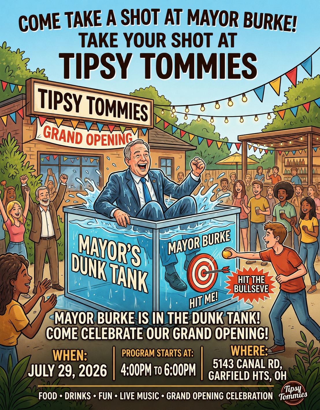 Tipsy Tommies grand opening poster with Mayor Burke dunk tank and festive crowd outdoors
