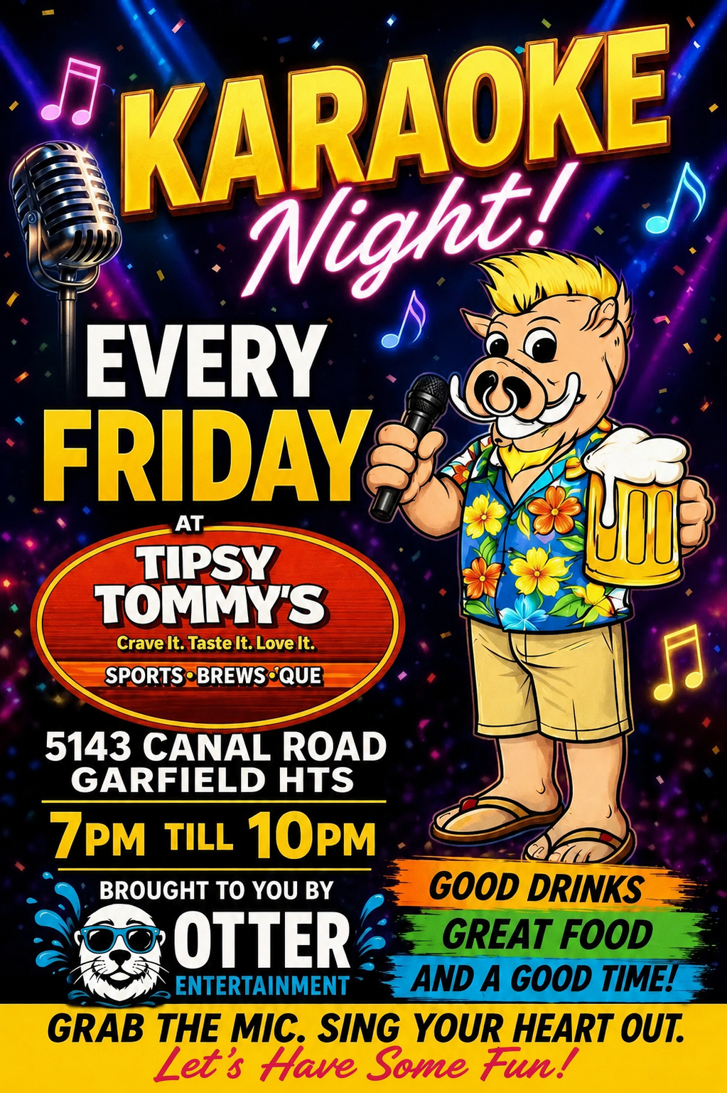 Karaoke Night flyer with cartoon singer and beer mug, every Friday at Tipsy Tommy’s in Garfield Hts.