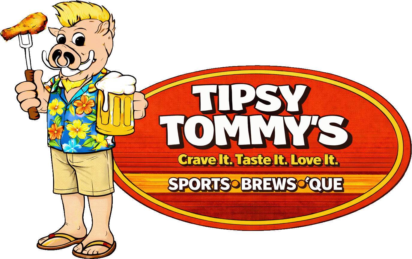 Cartoon mascot holding beer and hot dog beside Tipsy Tommy&rsquo;s Sports-Brews-Que logo