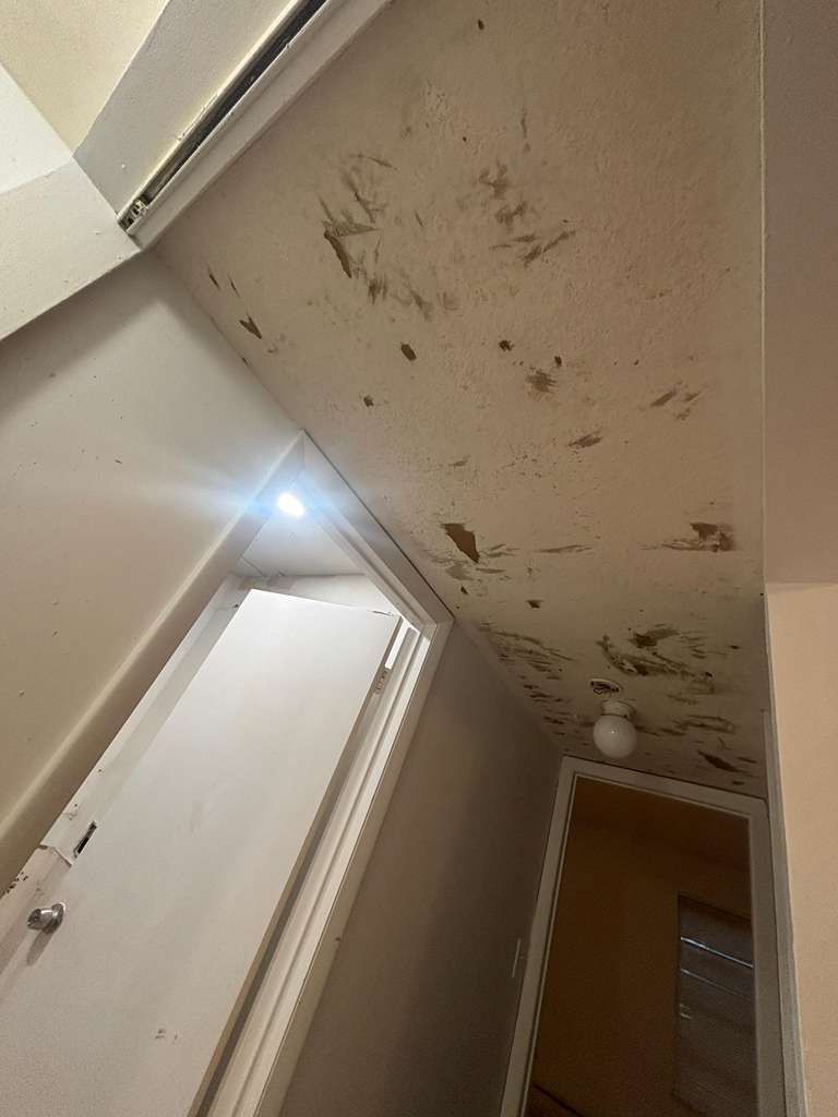 A roof with markings and a light bulb