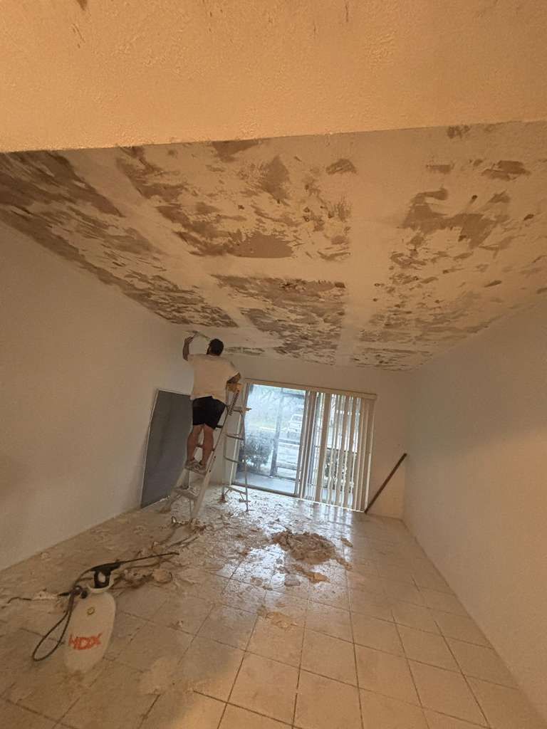 Ceiling renovation being completed by a person on a step ladder