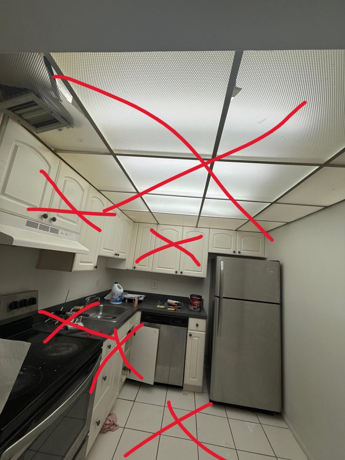 A small kitchen with red