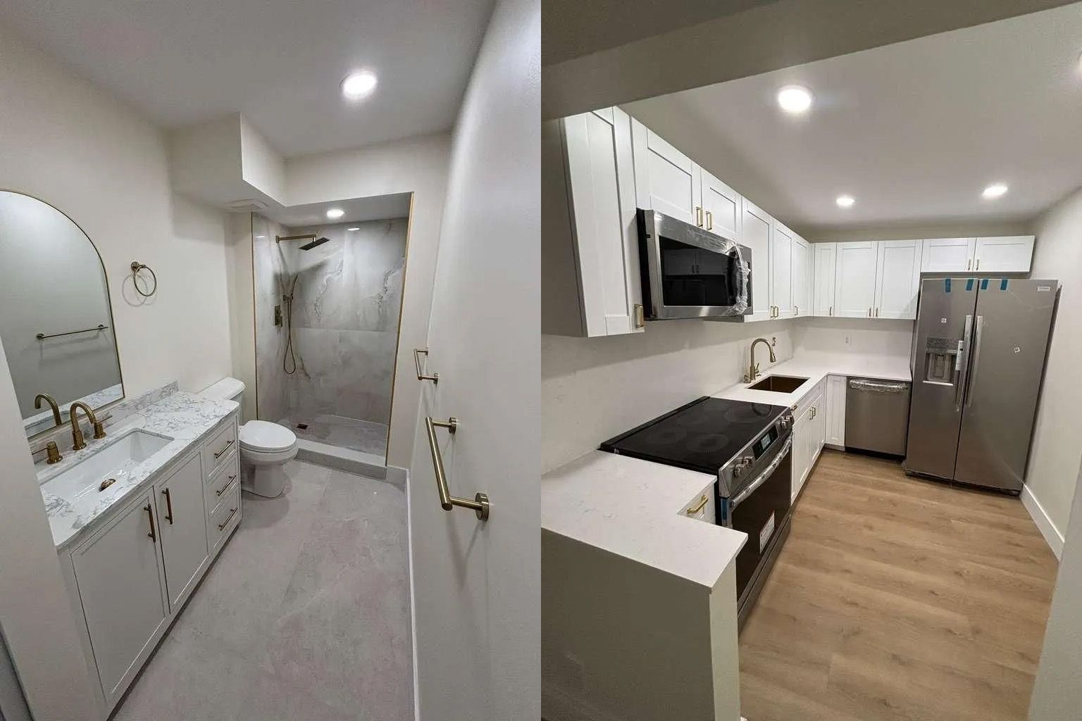 A split-view showing a modern bathroom with a white vanity and tiled shower, and a kitchen with white cabinets and wood floors.