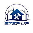 Logo with blue house, crossed wrench and hammer, arched over by a circle; reads "STEP UP".