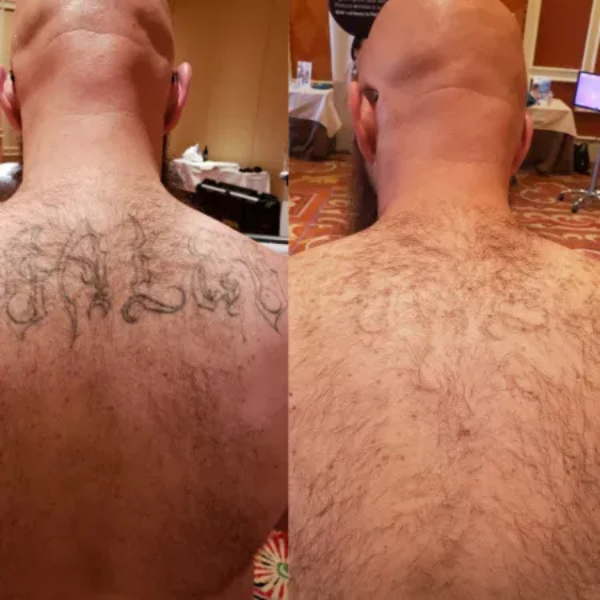 A before and after picture of a man 's back with a tattoo on it