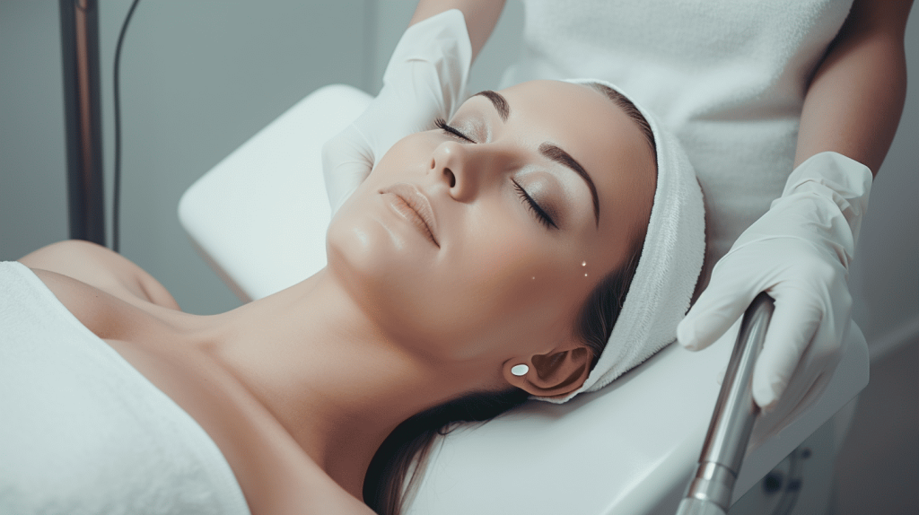 A woman is getting a facial treatment at a beauty salon.