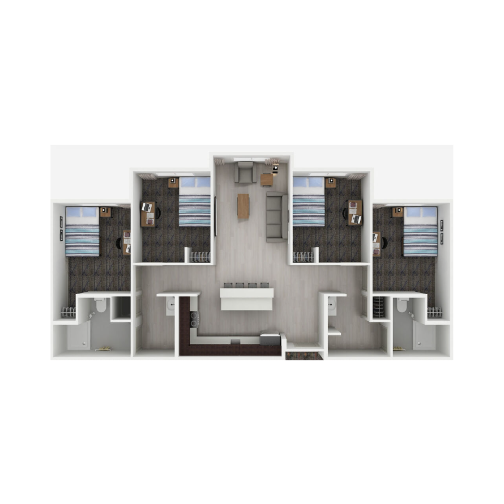 Floorplan of a 4 bedroom apartment in Peosta, Iowa at College Suites, student living close to NICC's college campus