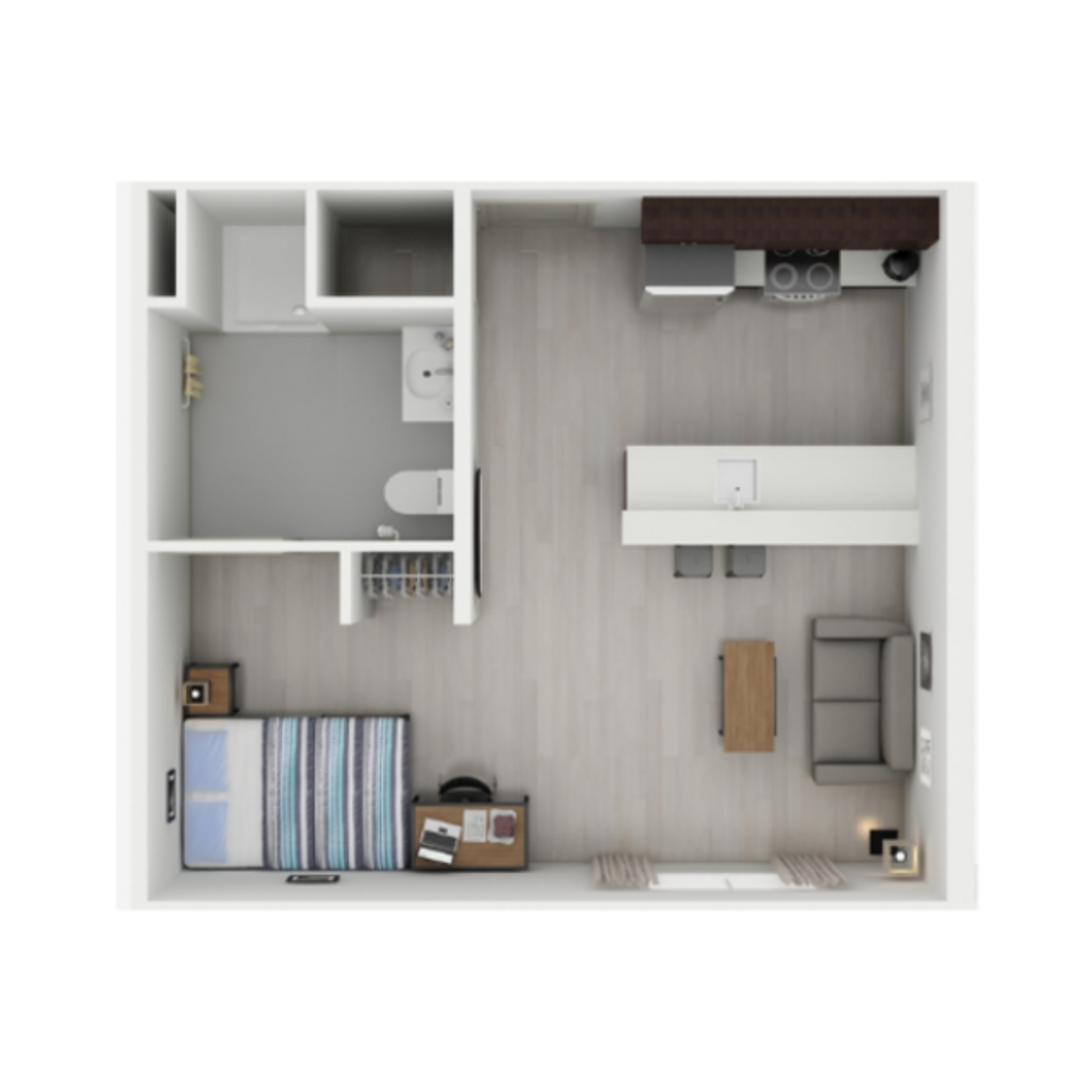 Floorplan of a studio apartment in Peosta, Iowa at College Suites, student living close to NICC's college campus