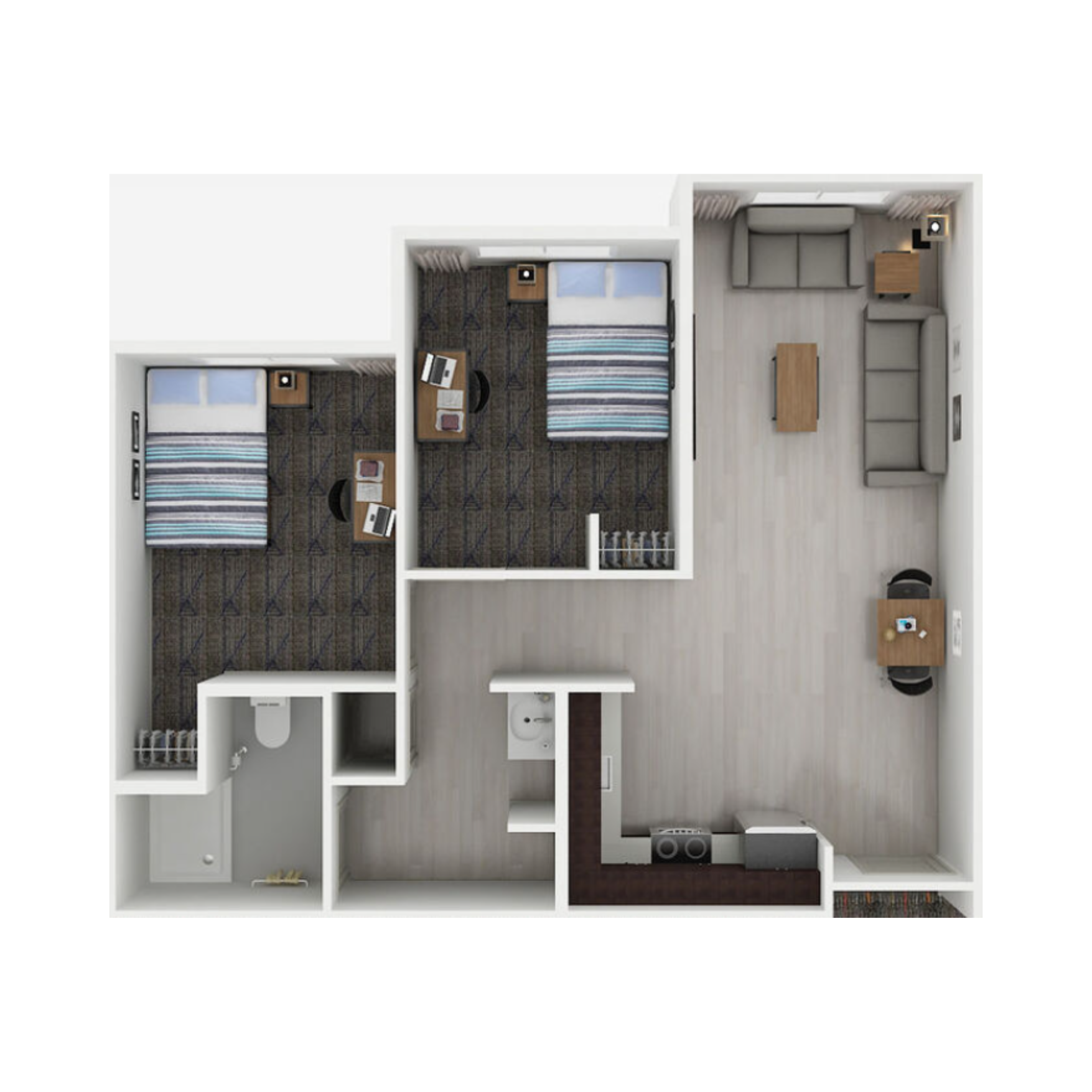 Floorplan of a 2 bedroom apartment in Peosta, Iowa at College Suites, student living close to NICC's college campus