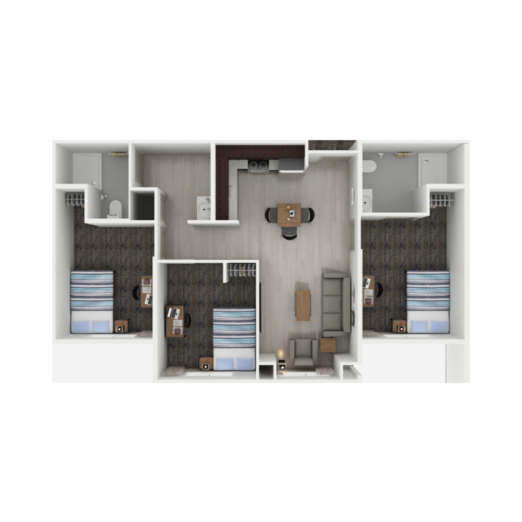 Floorplan of a 3 bedroom apartment in Peosta, Iowa at College Suites, student living close to NICC's college campus