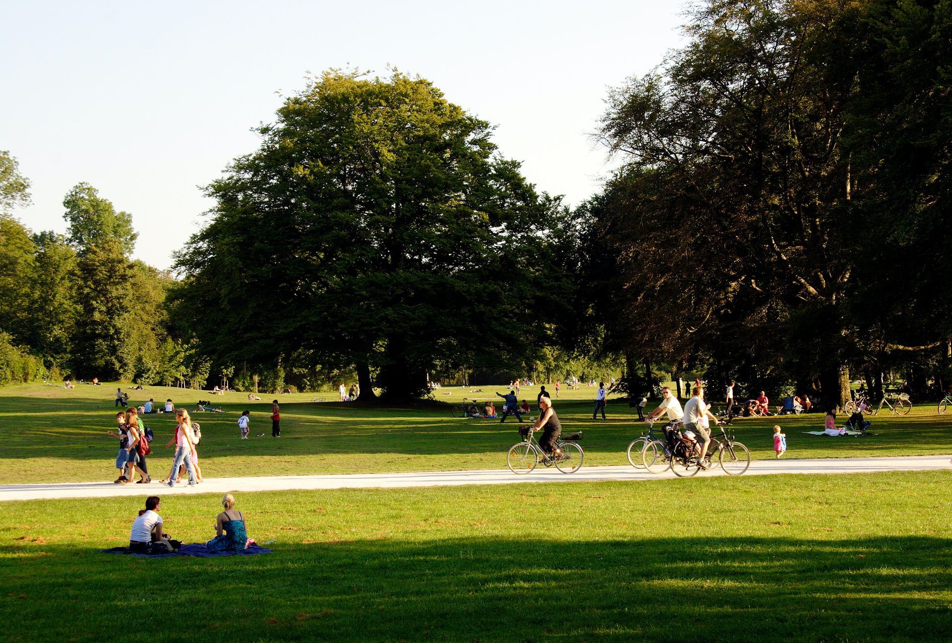 A group of people are walking and riding bikes in a park