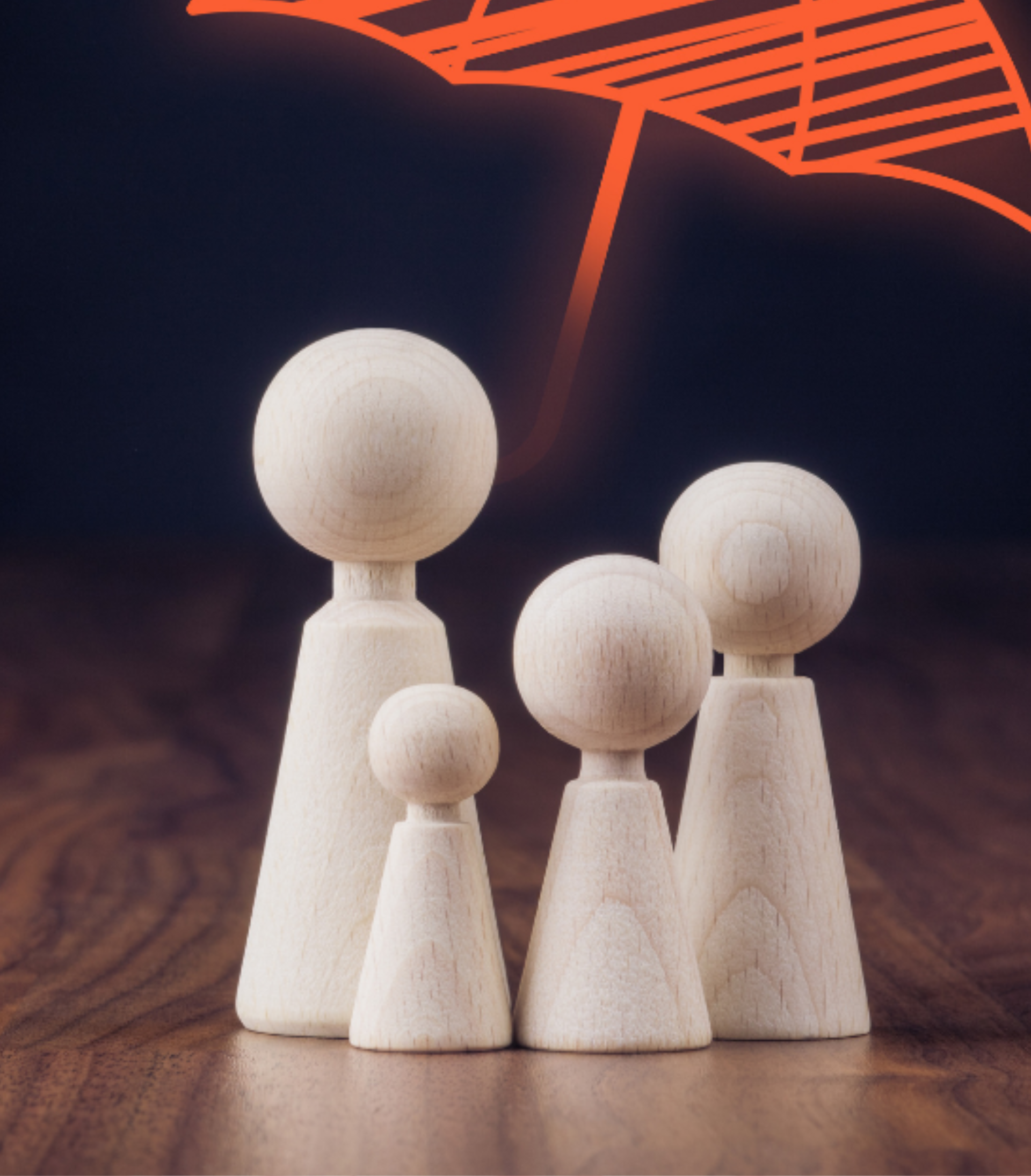 Wooden family figurines under a red umbrella graphic, symbolizing insurance and protection.