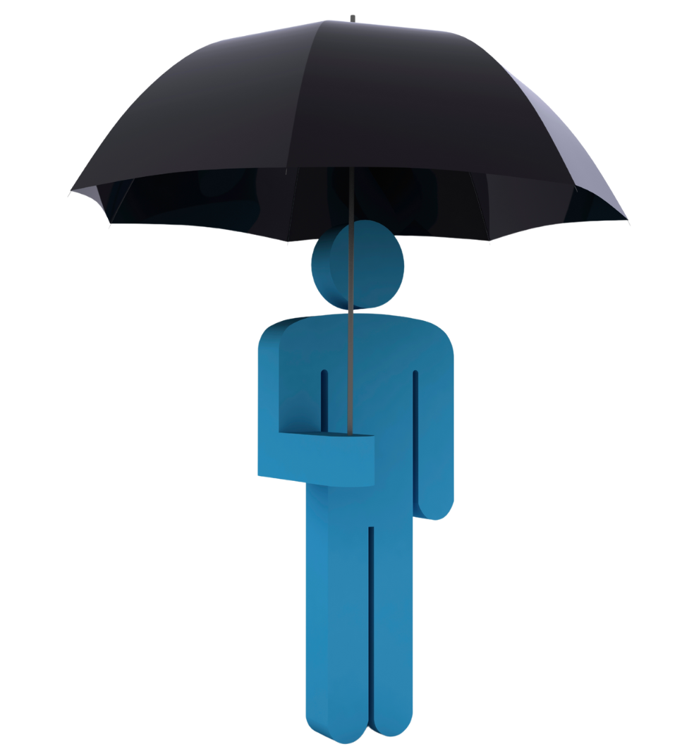 Blue figure holding a black umbrella overhead, protecting from above.