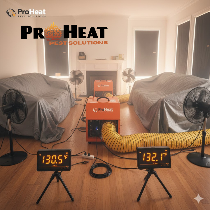 Industrial heating equipment positioned in a living room with temperature monitoring screens visible