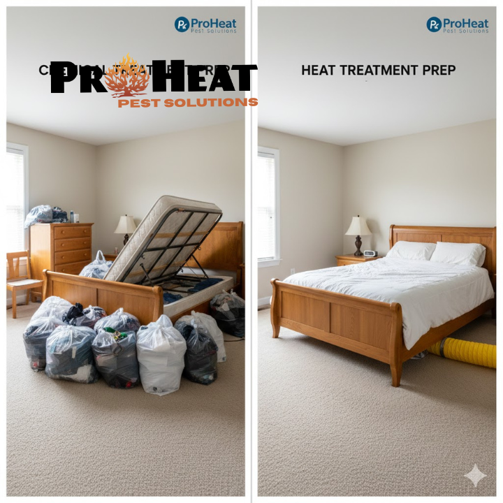 Split-screen comparison: Left side shows a cluttered room prepared for chemical bed bug treatment with bagged clothing and moved furniture; Right side shows a normal, untouched room ready for heat treatment