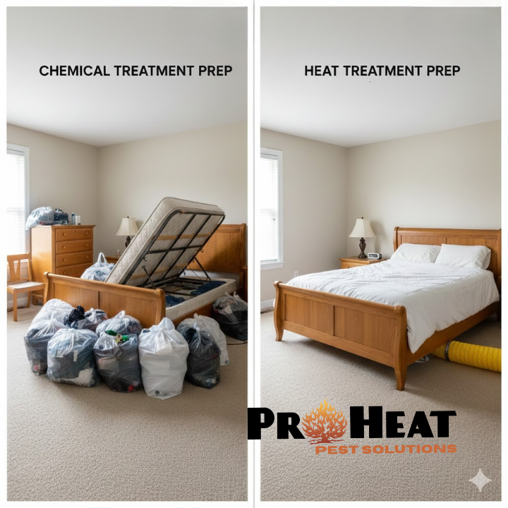 Two-room comparison photo: One room shows extensive preparation for chemical treatment (bagged clothing, moved furniture, stripped beds); Adjacent room shows normal appearance ready for heat treatment