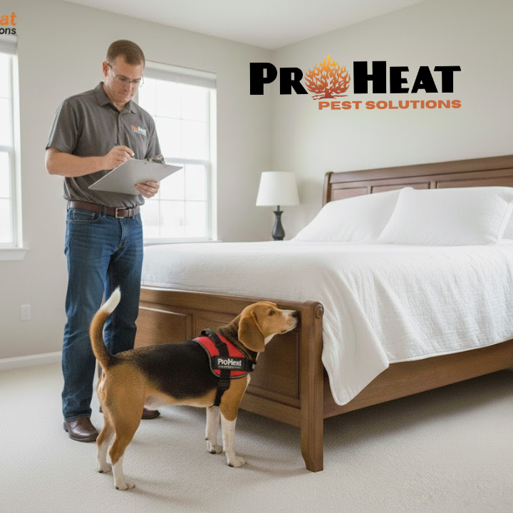 Zeb the beagle in his detection vest, nose pressed close to a mattress seam during active inspection