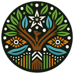 Cirkelvormig ontwerp met een gestileerde boom, bloemen en een ster tegen een zwarte achtergrond. Gebruikt in de kleuren groen, blauw, oranje en wit.