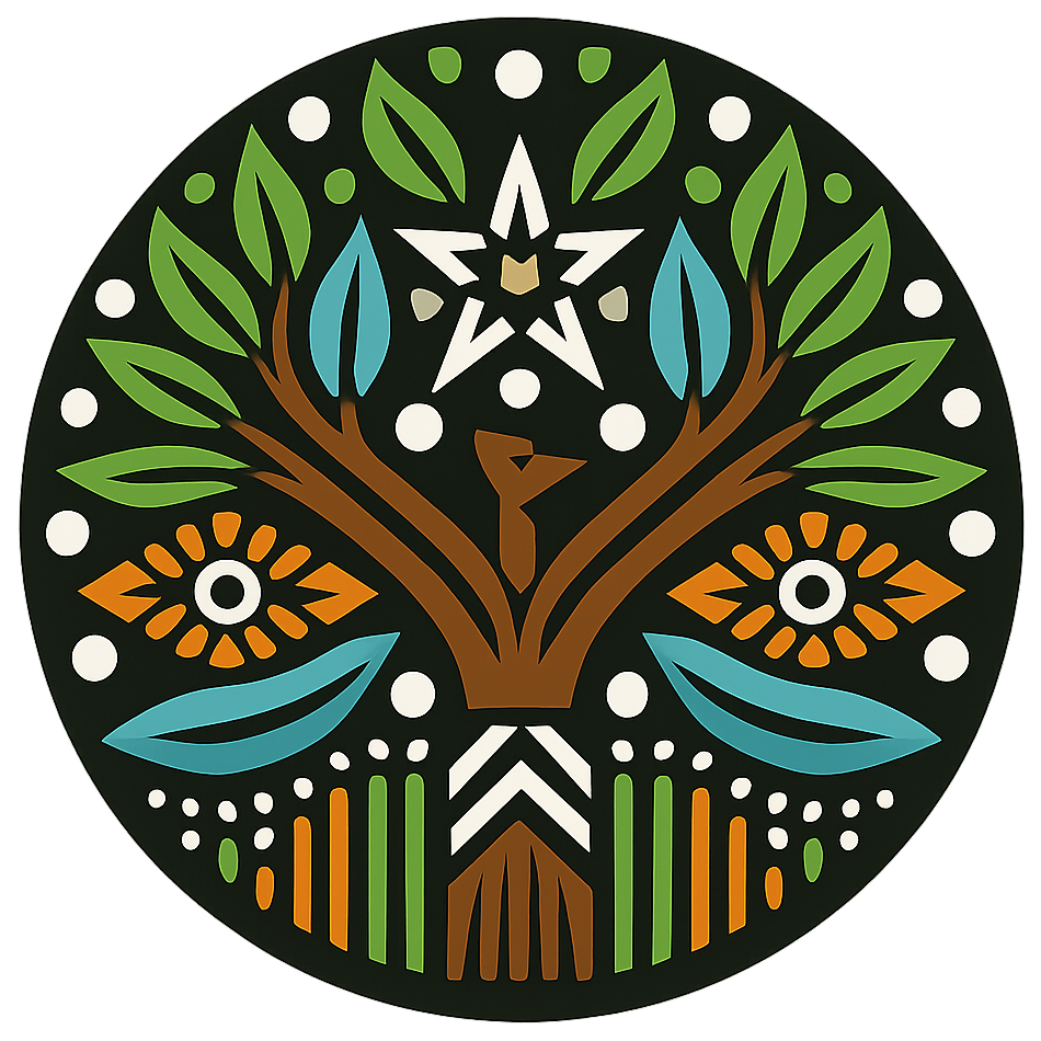 Cirkelvormig ontwerp met een gestileerde boom, bloemen en een ster tegen een zwarte achtergrond. Gebruikt in de kleuren groen, blauw, oranje en wit.