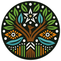 Cirkelvormig ontwerp met een gestileerde boom, bloemen en een ster tegen een zwarte achtergrond. Gebruikt in de kleuren groen, blauw, oranje en wit.