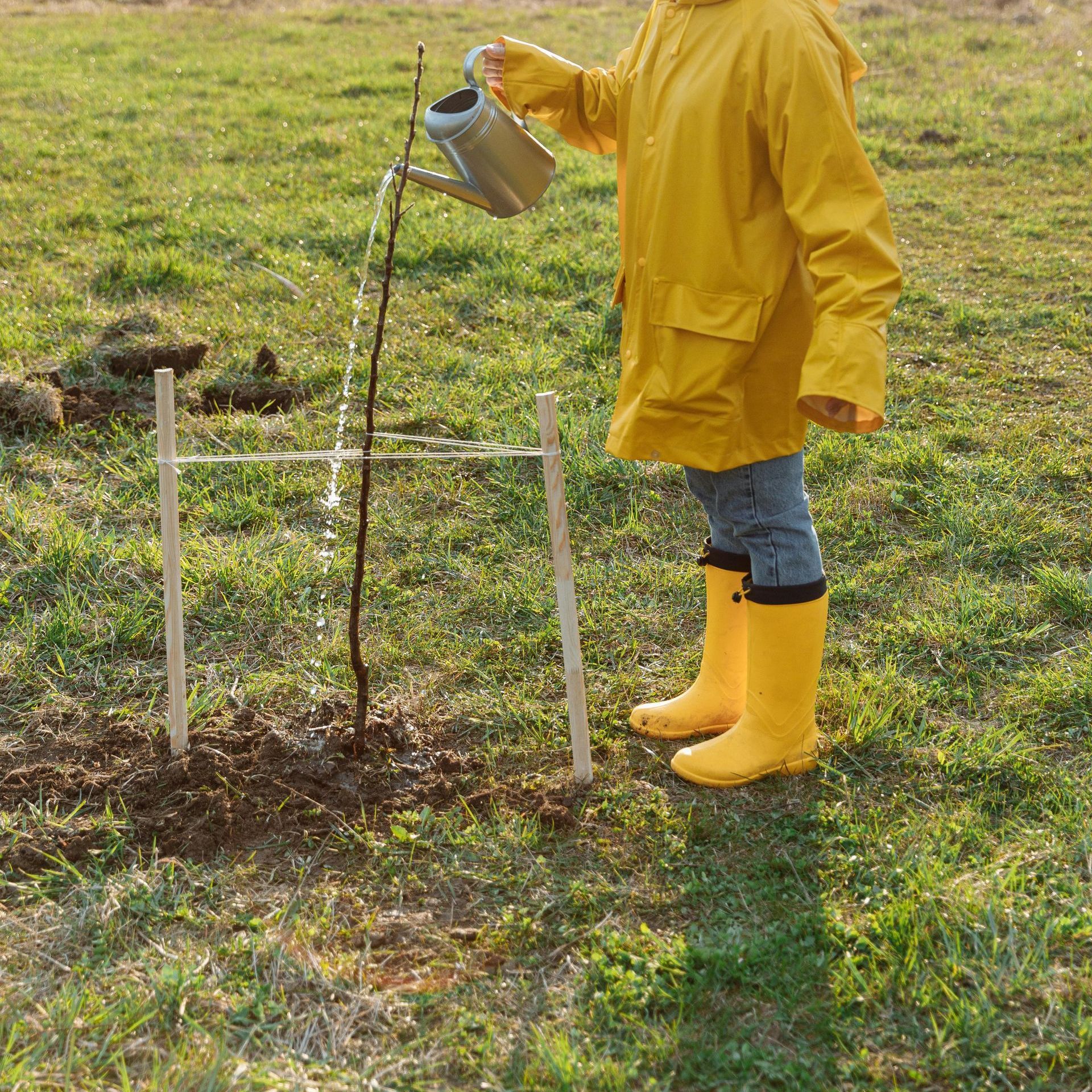 A person in a yellow raincoat is watering a tree