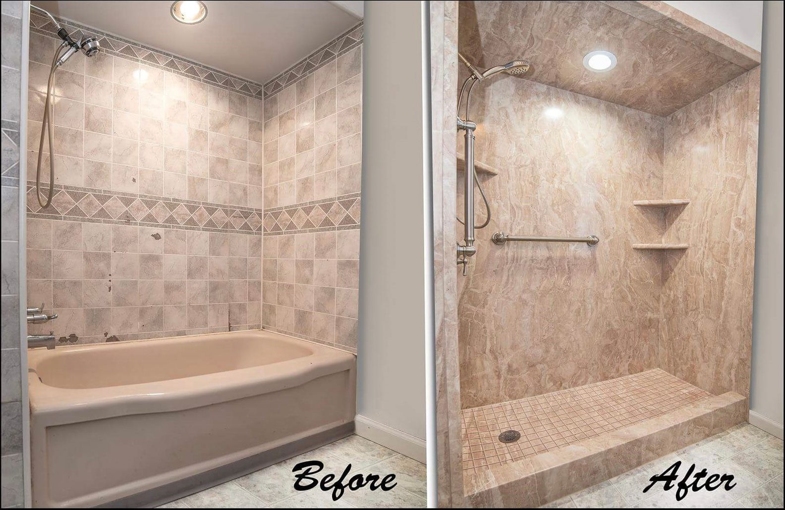 A before and after picture of a bathroom with a bathtub and a shower.