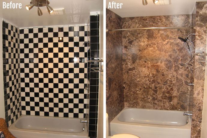 A before and after photo of a bathroom with checkered tiles and a bathtub.