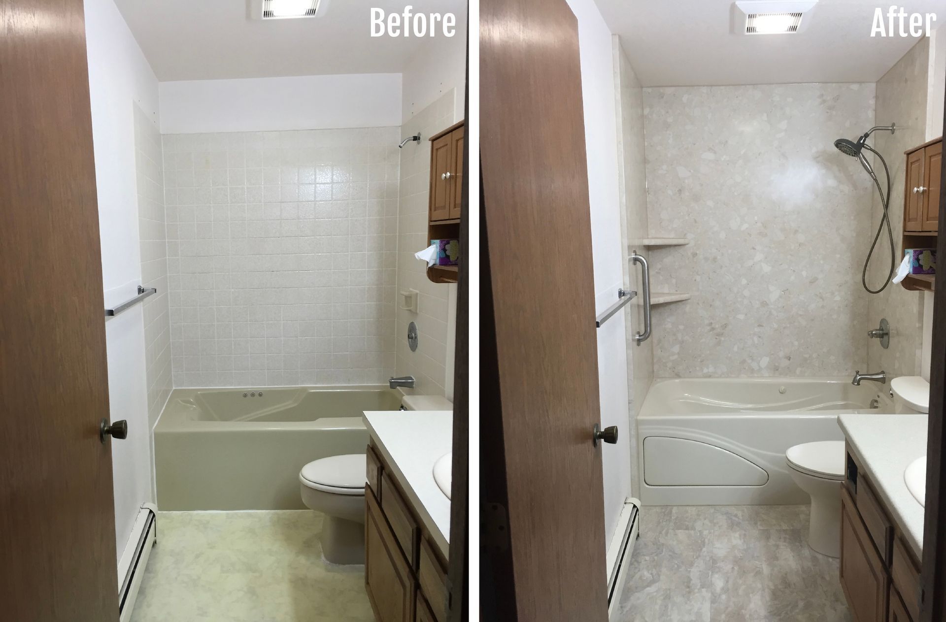 A before and after photo of a bathroom with a bathtub and toilet.