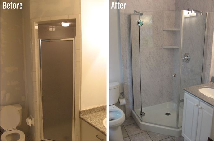 A before and after photo of a bathroom with a toilet , sink and shower.