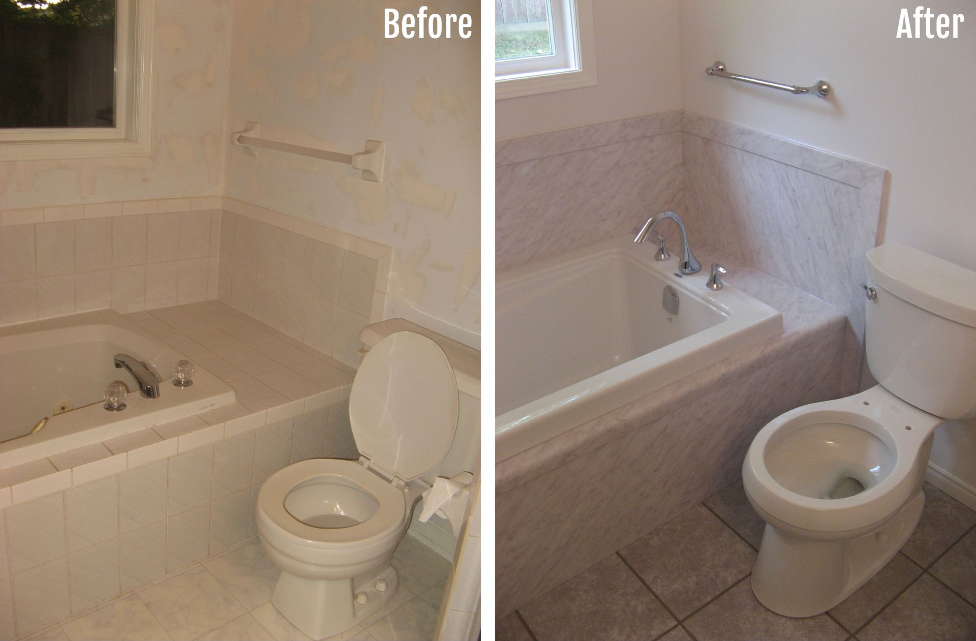 A before and after photo of a bathroom with a toilet and bathtub.