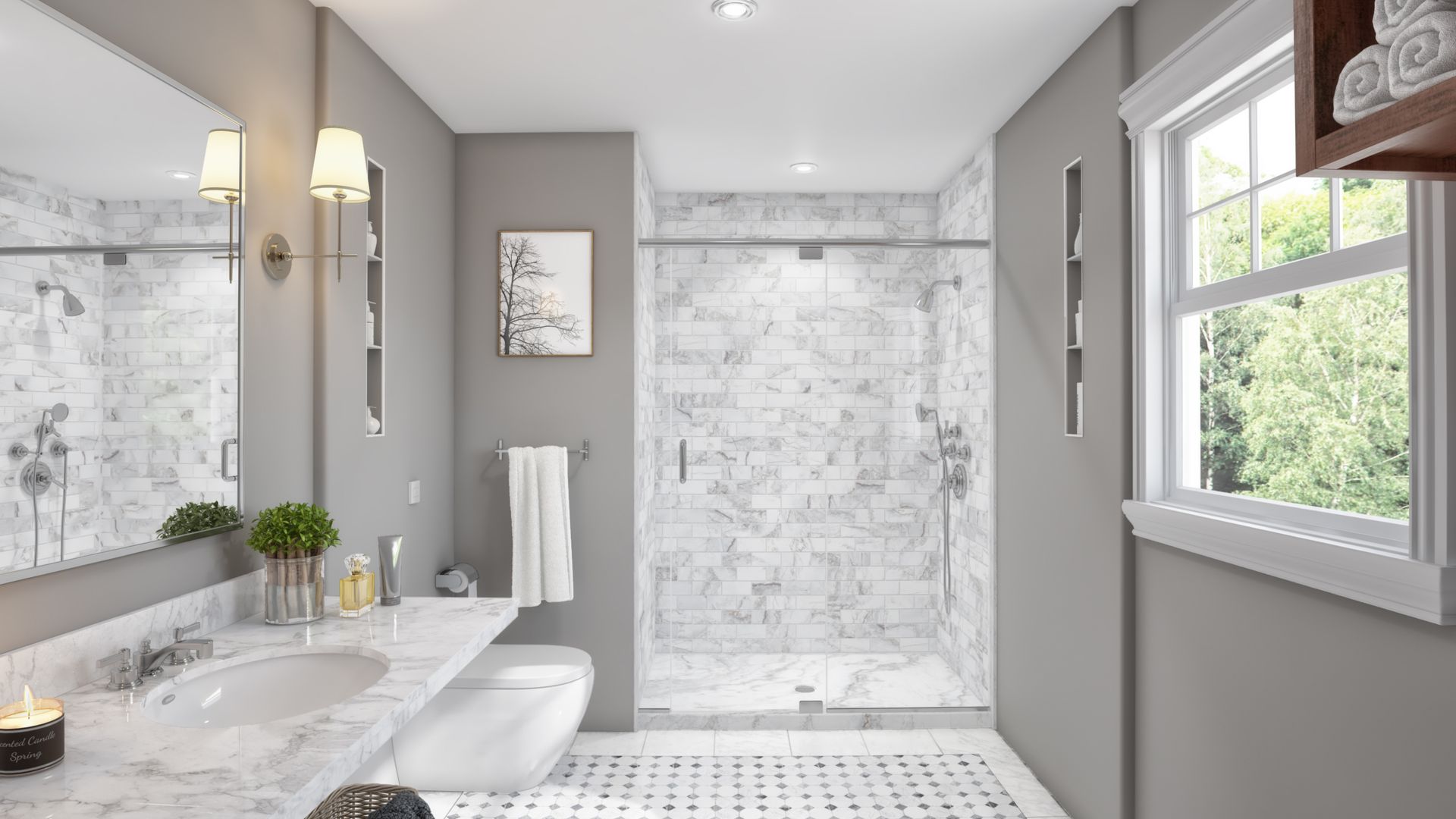 Compact bathroom with natural light and neutral colors maximizing space.