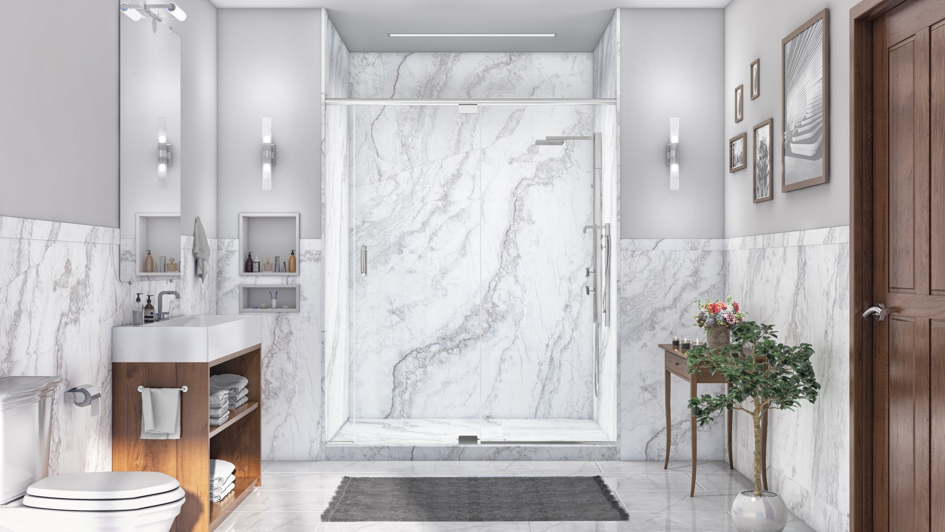 A bathroom with marble walls and a walk in shower.