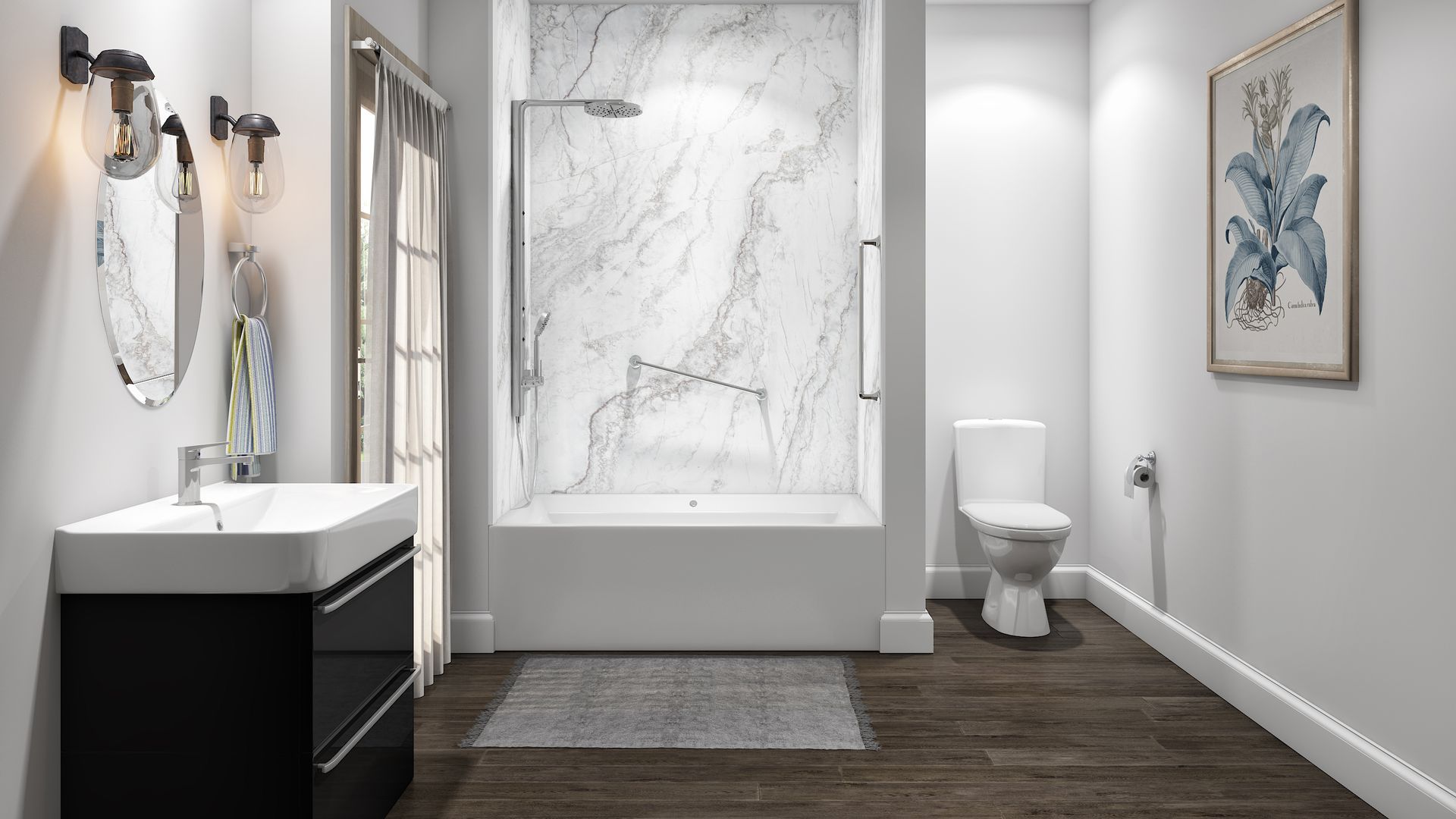 Easy-to-clean bathroom featuring grout-free tub surround and low-maintenance surfaces.