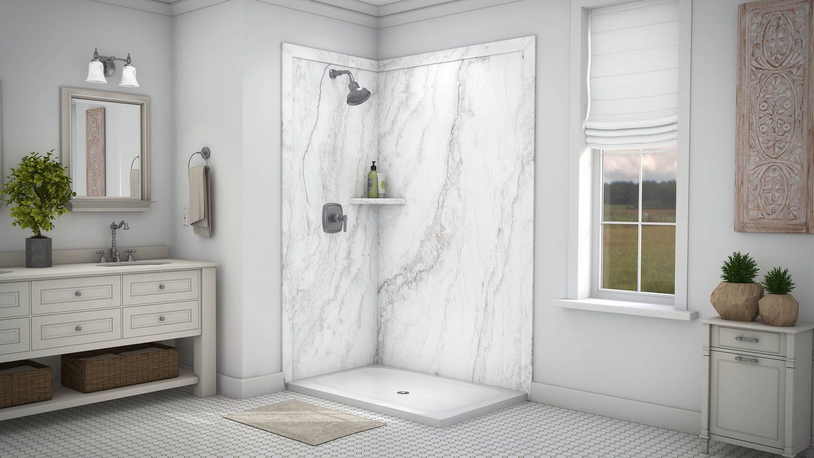 A bathroom with a walk in shower , sink , mirror and window.