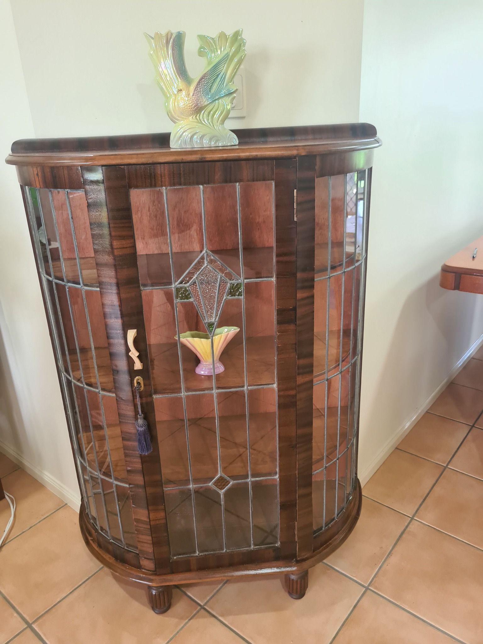 A stained glass cabinet with a vase on top of it — The Restoration Barn In Te Kowai, QLD