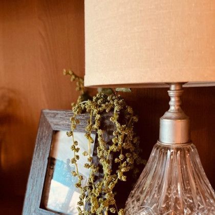 A lamp is sitting next to a picture frame and a plant.