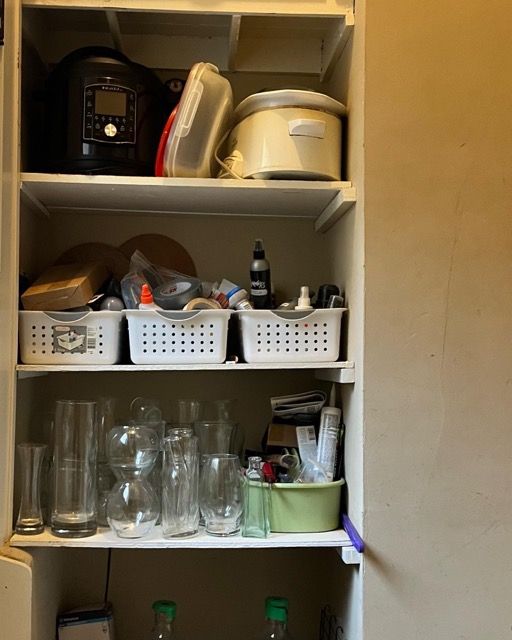 A pantry filled with various items including a rice cooker