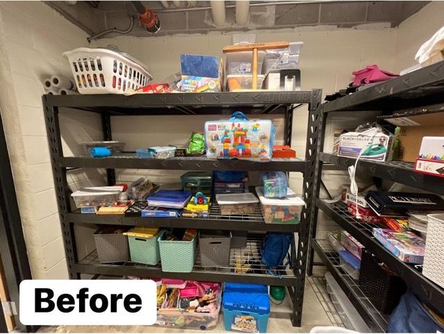 A before picture of a room filled with shelves and toys